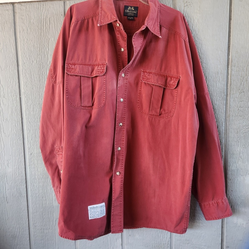 VTG Willis & Geiger Mens XL Bush Poplin Utility Shirt Rare Red Hong Kong 90's
